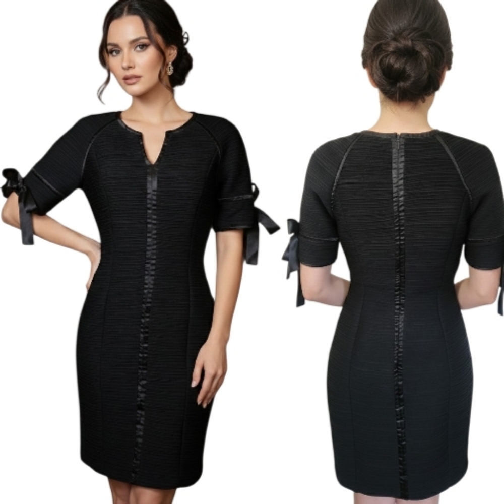 SHANI Black Satin Trimmed Mini Sheath Cocktail Dress - Size 4